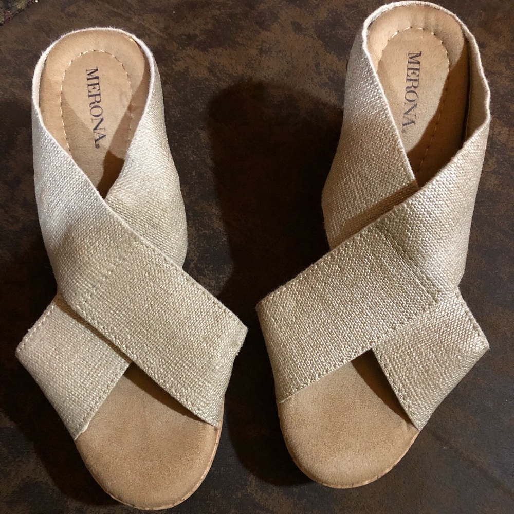 Merona gold cross strap wedge sandals